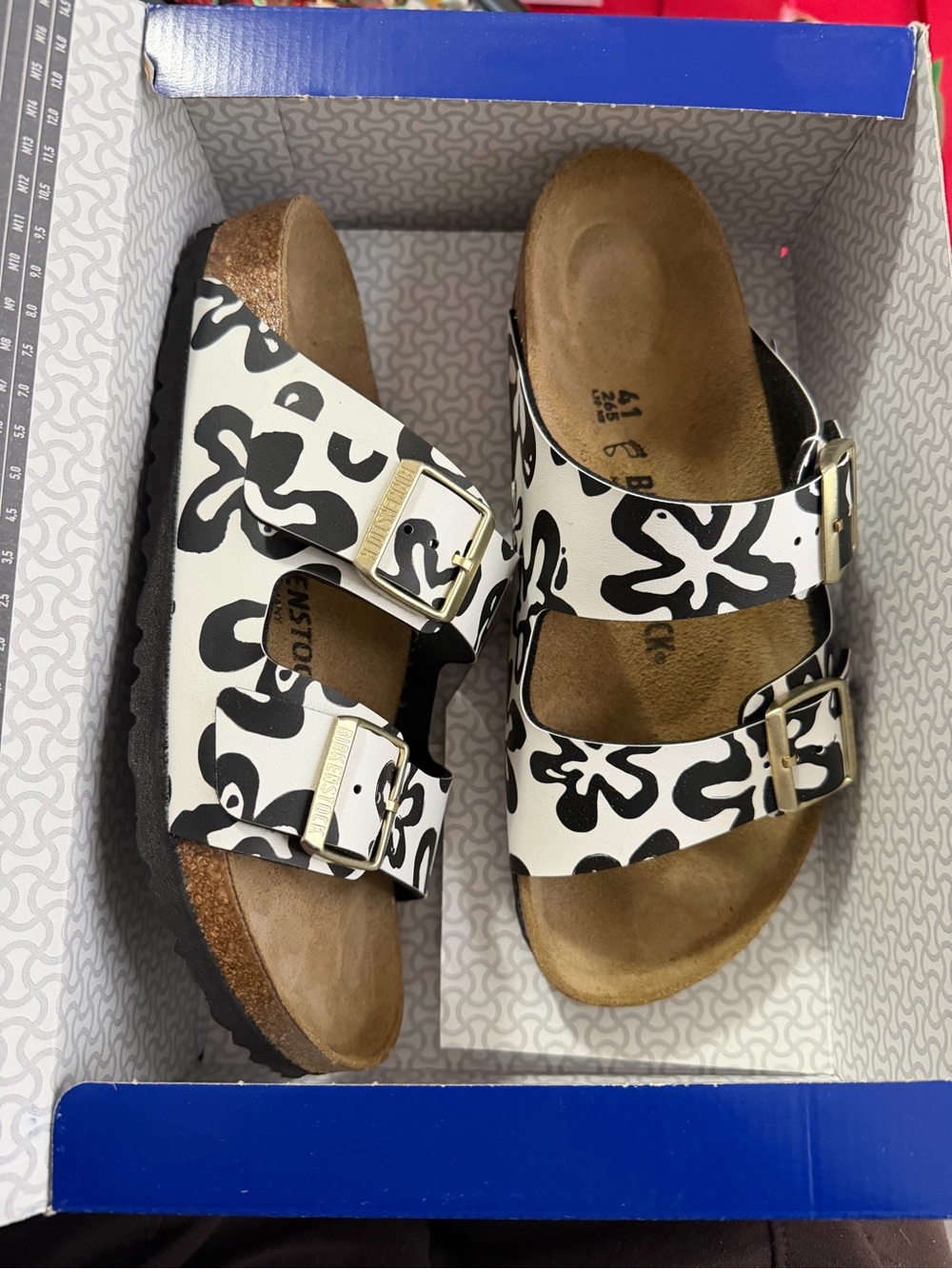 Brand New Birkenstock Women’s Black and White Floral Two-Strap Sandals